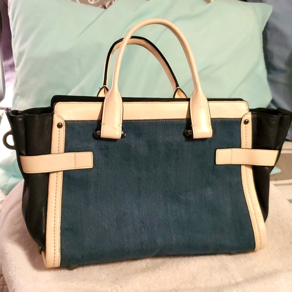 Coach Handbags - Coach Denim and Ivory Leather Swagger Bag